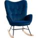 Fauteuil À Bascule, Rocking Chair, Fauteuil Allaitement Confortable Avec Structure En Bois Massif Et Métal Pour Salon, Chambre, Balcon, Velours Bleu