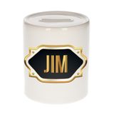 Bellatio Decorations Spaarpot met voornaam Jim - wit - met goud/zwart embleem - 8 x 9 cm - keramiek - met afsluitdop - cadeau verjaardag