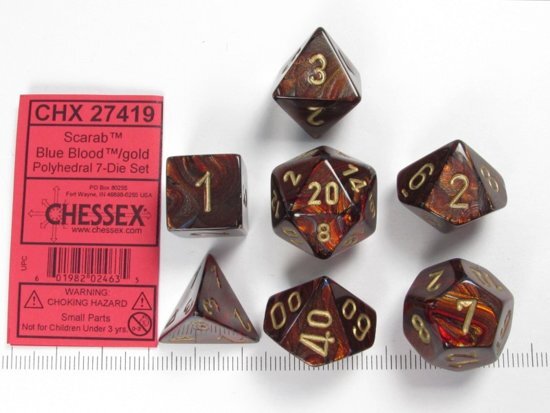 Chessex dobbelstenen set 7 polydice Scarab Blue Blood w/gold