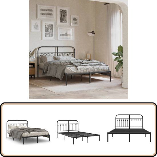 vidaXL Bedframe met hoofdbord metaal zwart 135x190 cm