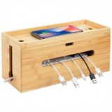 Relaxdays Kabelbox van bamboe voor stekkerdoos met 6 stopcontacten, deksel, clips, natuurlijk, 16 x 34 x 13,5 cm