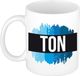 Bellatio Decorations Ton naam cadeau koffie mok - beker - met blauw verfstrepen - Cadeau collega - vaderdag - verjaardag - meester - coach - 300 ml - wit