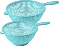 PLASTICFORTE Keuken vergieten/zeef met steel - 2x stuks - kunststof - Dia 22/24 cm - blauw