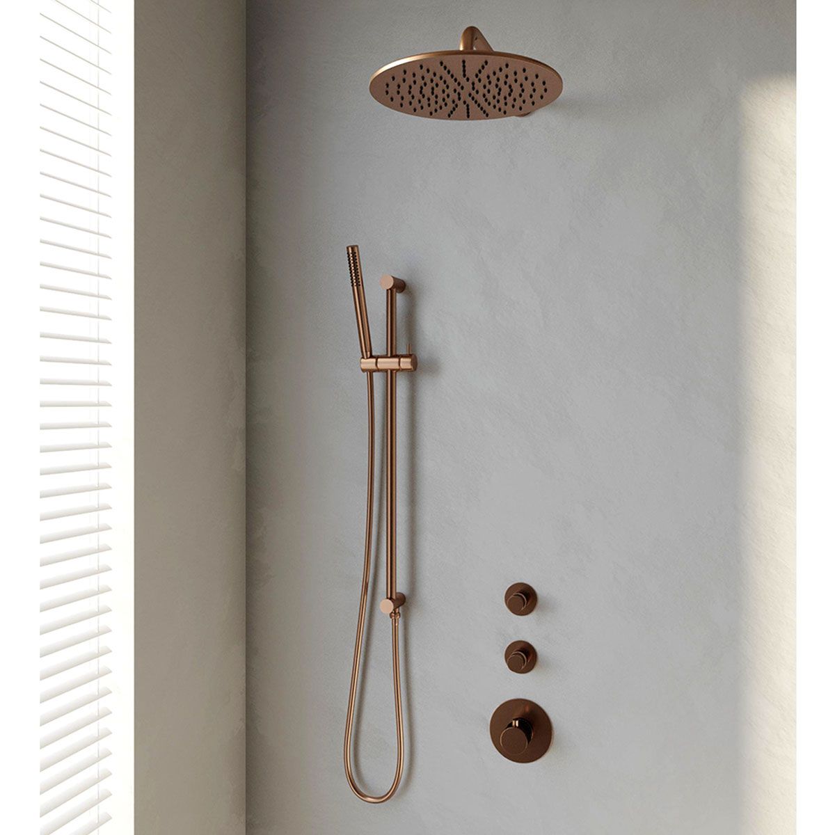 Brauer Regendoucheset Copper Edition 30cm Rond Geborsteld Koper PVD 3 Greeps 3-weg Met Thermostaatkraan Glijstang en Staafhanddouche