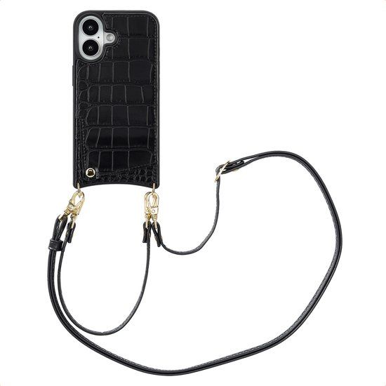 Selencia Hoesje - Geschikt voor Apple iPhone 16 - Croco Backcover met koord en pashouder - Zwart