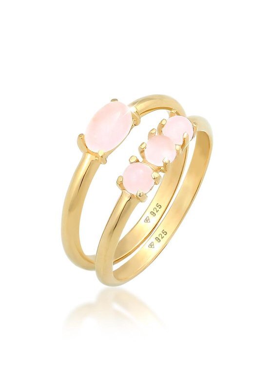 Elli Dames Ring Dames Stacking Ring Set Vintage Trend met roze kwarts in 925 Sterling Zilver Verguld