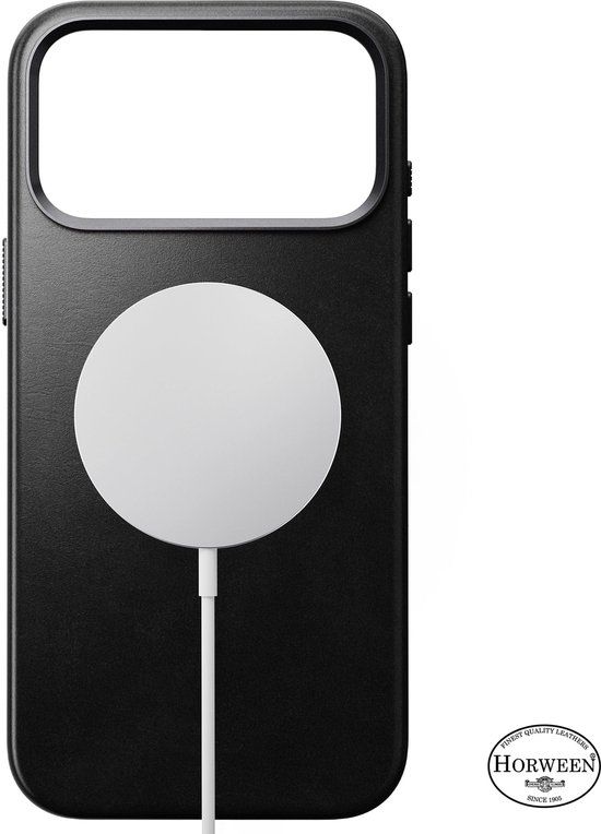 Nomad Traditional Horween lederen hoesje iPhone 17 Pro Max – Geïntegreerd met saffierkristallen knop – Compatibel met MagSafe - Gemaakt van 50% gerecycled polycarbonaat - Zwart