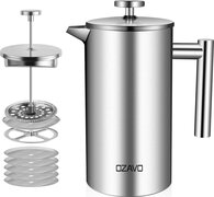 ozavo koffiezetapparaat 1L French Press RVS thermoskan met 5 RVS filters dubbelwandig geïsoleerd systeem met tweelaagse opbouw 1000ML