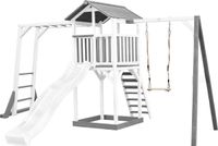 AXI Beach Tower Speeltoestel in Grijs/Wit - Speeltoren met Klimrek, Enkele Schommel, Witte Glijbaan en Zandbak - FSC hout - Speelhuis op palen voor de tuin