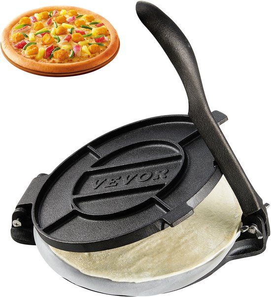 Vevor Tortillapers, 20 cm Tacopers, Zware Gietijzeren Tortillapers, Voorgekruide Tortillamaker Tortillamaker met 100 stuks Perkamentpapier, Deegmachine voor Meeltortilla, Zwart