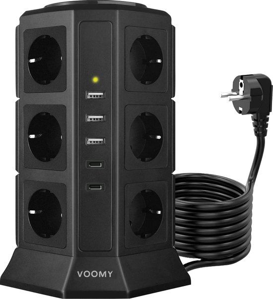 Voomy Toren 20W USB-C Stekkerdoos - 12 Stopcontacten - 5 USB Poorten - 2 USB-C Poorten Snellader - 2M Verlengsnoer - 4000W - Met Schakelaar - Zwart