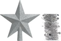 Decoris Kaemingk B.V. Kerstversiering kunststof glitter ster piek 19 cm en sterren folieslingers pakket zilver