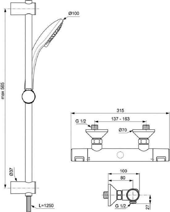 Ideal Standard Ceratherm T25 Douchetherm Met Idealrain Glijstangc M3 60Cm Chroom