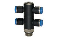 T-meervoudige RIEGLER T-meervoudige verdeler »Blaue serie«, 4-voudig, draaibaar, G 3/8 a., voor slot-buiten-Ø 12 mm, werkdr. Maximale 15 bar, kunststof/MS vern.