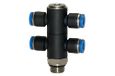 T-meervoudige RIEGLER T-meervoudige verdeler »Blaue serie«, 4-voudig, draaibaar, G 3/8 a., voor slot-buiten-Ø 12 mm, werkdr. Maximale 15 bar, kunststof/MS vern.