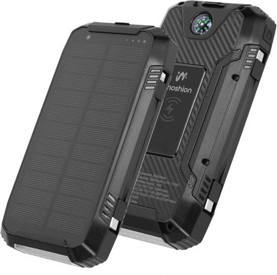 imoshion Solar Powerbank 30.000 mAh - Draadloze powerbank op zonne-energie - Power Delivery & LED indicator - Zaklamp & Kompas - Noodpakket - Zwart