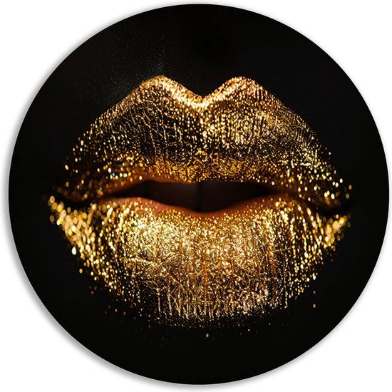 Merkloos / Sans marque Lippen Muurdecoratie Rond Goud Zwart 40x40cm - Forex - Industrieel - Modern