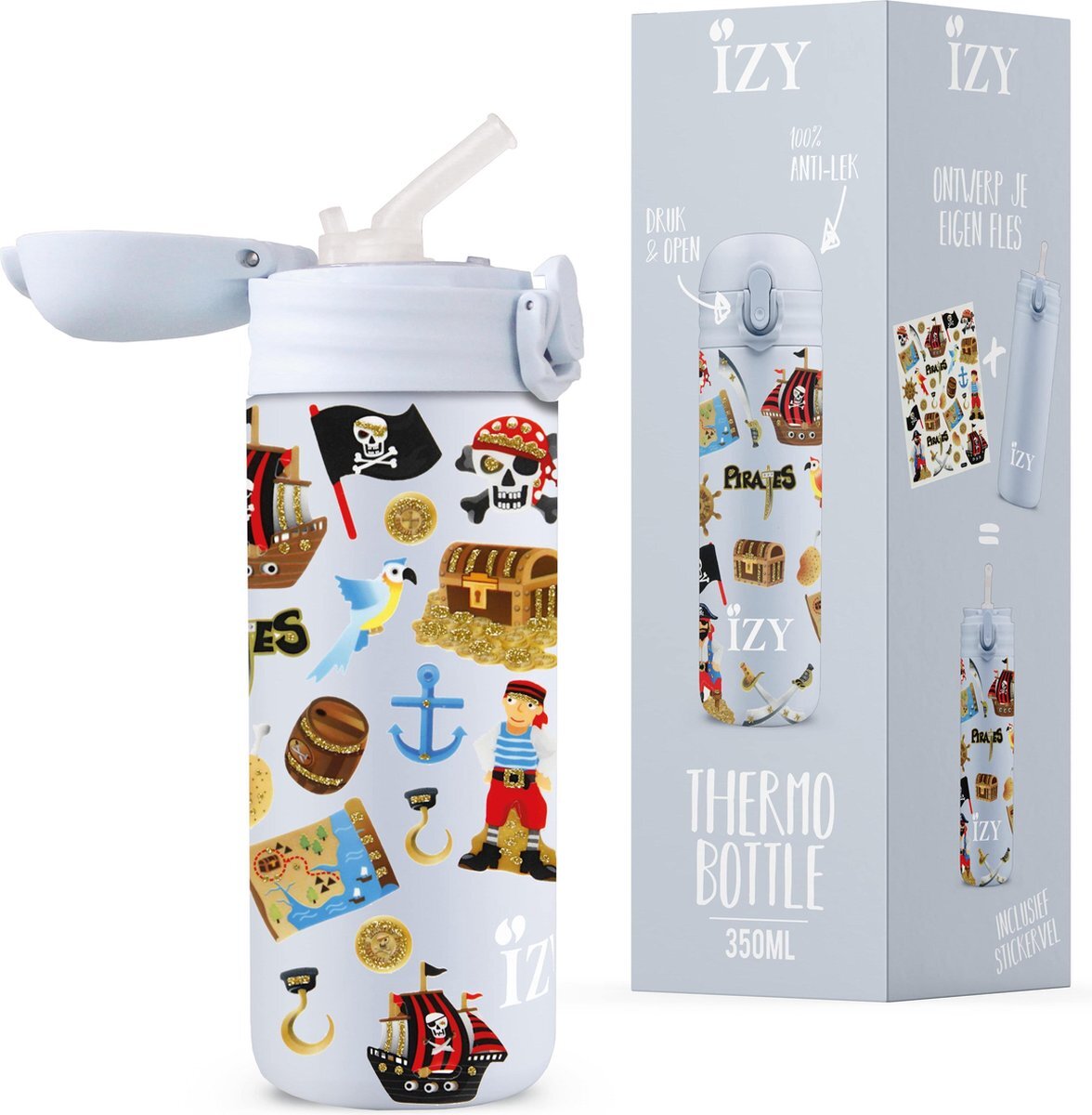 IZY thermosfles met rietje pirates 350 ml RVS lichtblauw