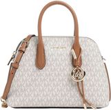 Michael Kors Dames Handtas Bruin Leer Verstelbare Schouderriem Ritssluiting Goudkleurig Logo Patroon