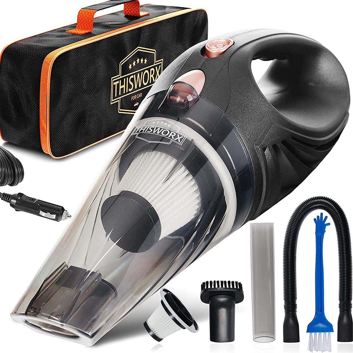 ThisWorx for ThisWorx Autostofzuiger met ledlicht, handstofzuiger voor het reinigen van de auto, 110 W, 12 V, adapter voor aansluiting op de sigarettenaansteker, 4,9 m kabel