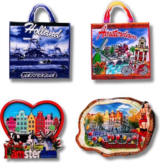 Koelkastmagneten Set: Amsterdam, Holland - 4 stuks - Keramiek - Souvenirs uit Nederland