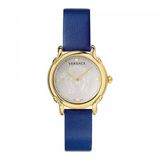 Versace VEPN00420 Dames horloge - Roestvrij staal - Goudkleurig - Blauwe kalfsleren band