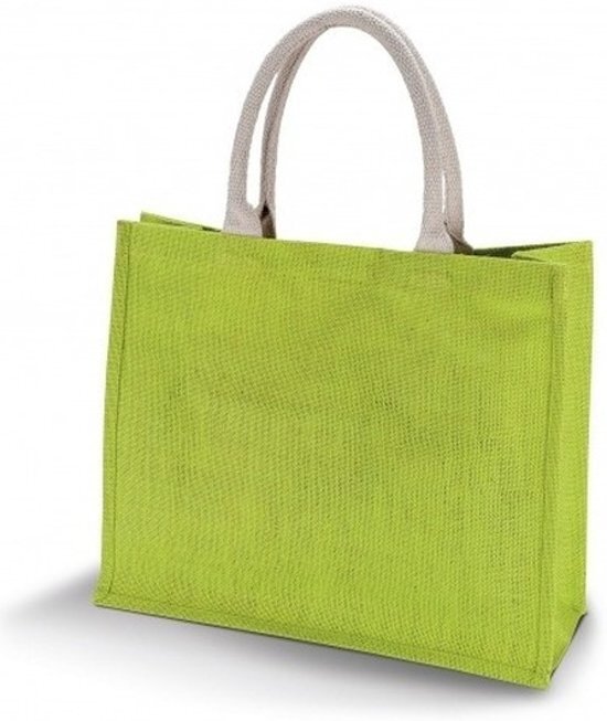 Kimood Jute lime groene shopper/boodschappen tas 42 cm - Stevige boodschappentassen/shopper bag
