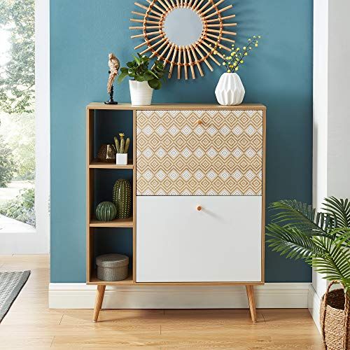 BAÏTA LEIKA schoenenkast, wit en eiken, 80 x 23,5 x 97,5 cm