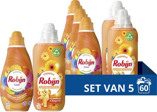 Robijn Perfect Match Wasmiddel en Wasverzachter Pakket - Color + Passiebloem &amp; Bergamot - voor langdurige kleurbescherming - voordeelverpakking - set van 5 (60 wasbeurten)