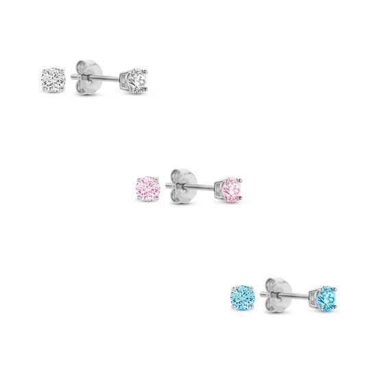 Silventi Zilveren Zirkonia Oorknoppen Set - 925 Zilver - Wit Roze Blauw - 3mm