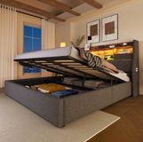STILVORA Gestoffeerd Bed 140x190 cm – LED-Hoofdbord met USB en Type-C – Hydraulische Opbergruimte – Tweepersoonsbed – Stof – Grijs – Zonder Matras