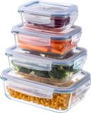 KADAX Glazen container met deksel, voedselcontainer, vaatwasmachinebestendige voedselcontainer, afsluitbare vershouddoos, bewaardoos, rechthoekig, set van 4