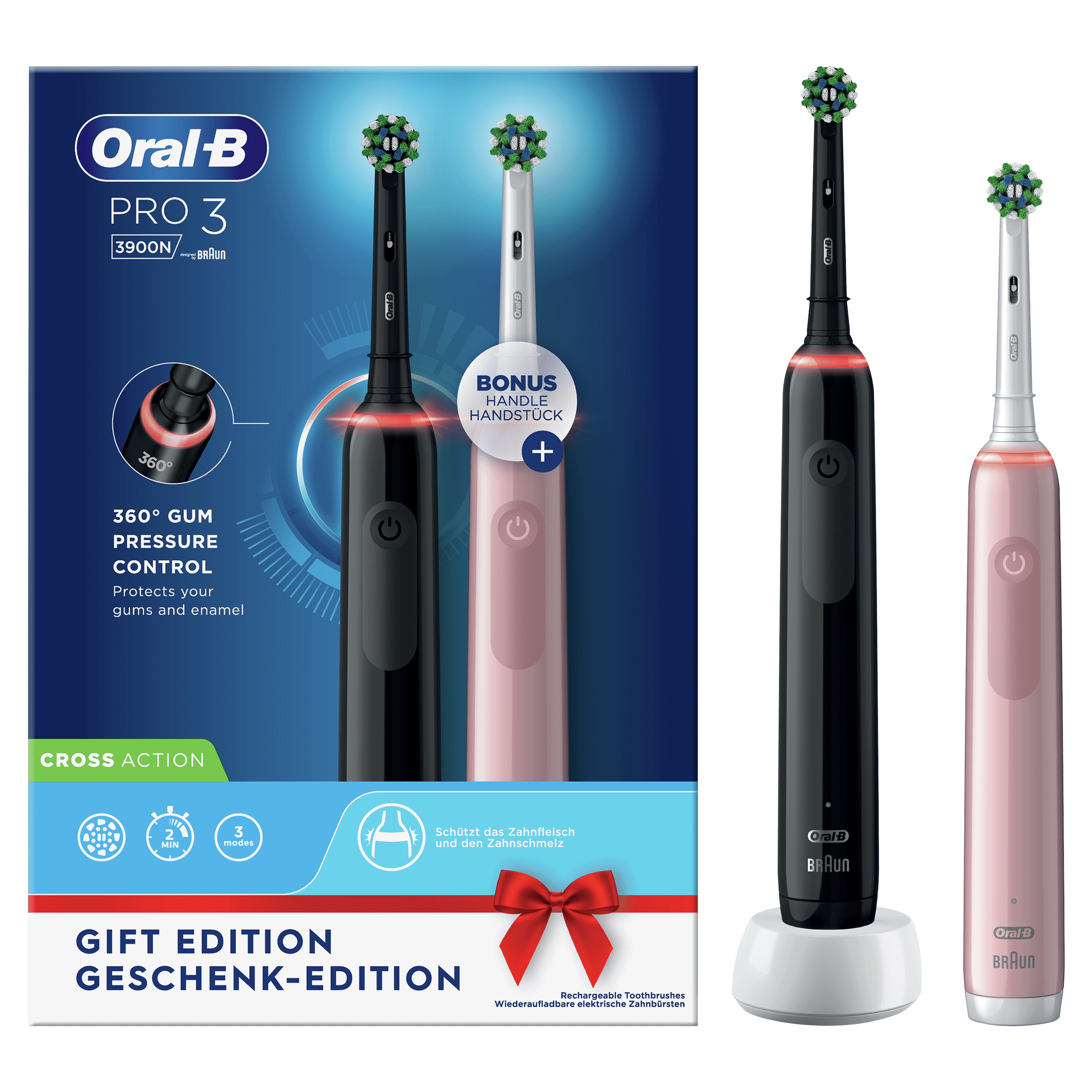 Oral-B Oral-B Pro 3 - 3900 - Zwarte en Roze Elektrische Tandenborstel Ontworpen Door Braun