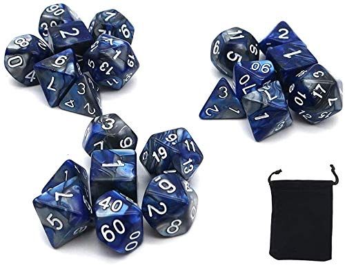 DollaTek Polyedrale Dobbelstenen Set Tafelspellen Dobbelstenen 3 Sets Dobbelstenen 3 x 7 (21 Stuks) Die Serie D20 D12 D10 D8 D6 D4 DND dobbelstenen DND RPG MTG Dubbele kleuren Een stuk (blauw en zilver)