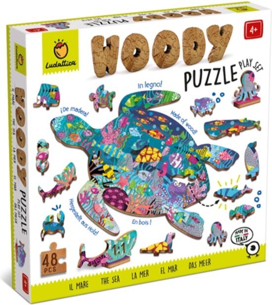 Ludattica Puzzels: WOODY PUZZEL OCEAAN 25x35cm, 48-delig, 12 figuurtjes, in hout