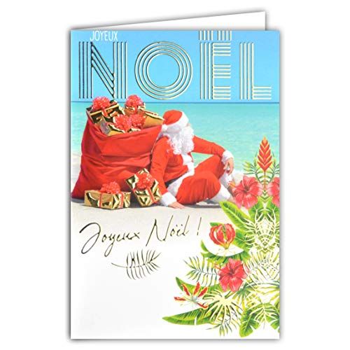 afie Kaart, Vrolijk Kerstmis, Kerstman, rood, geschenken, tas voor afzuigkap, baardmuts, strand, zee, blauw, turquoise, dennenboom, bloemen, exotisch, tropisch, Dom-Tom, goudkleurig, glanzend