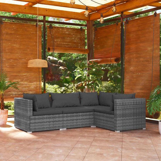 vidaXL 4-delige Loungeset met kussens poly rattan grijs