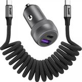 Buddi Power USB-C Autolader & USB-A + C Poort met USB-C naar USB-C Krulsnoer Kabel | Snelladen 89W