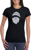 Bellatio Decorations Kerst T-shirt voor dames - Kerstman hoofd - zwart - glitter bedrukking - zilver - Kerstkleding S