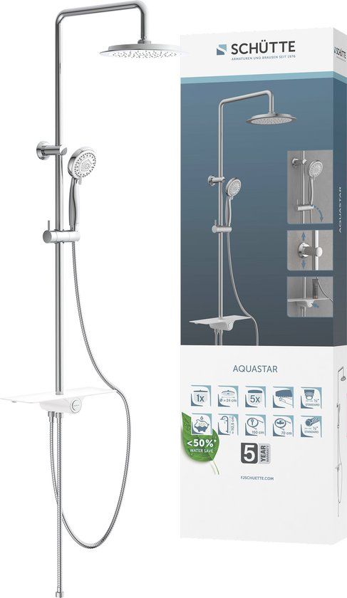 Schütte AQUASTAR Douchesysteem - Regendouche - Geïntegreerd Planchet - Met Push-Button Omsteller - Chroom & Wit