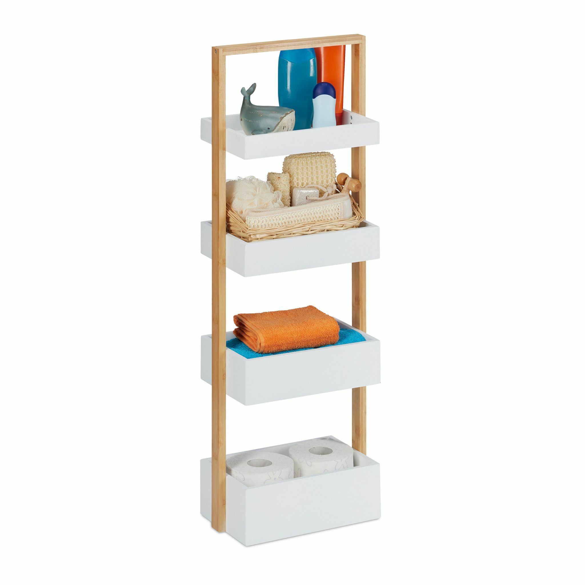Relaxdays Badkamerrek - 4 etages - bamboe & MDF - wit & lichtbruin - 88x30x18cm - Merkloos