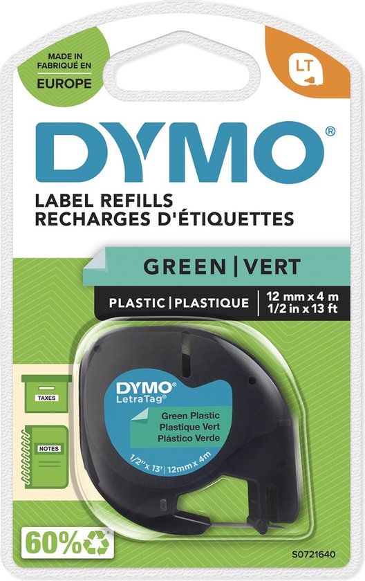 DYMO LetraTag Plastic Labels - Black on Green - 12mm x 4m - S0721640