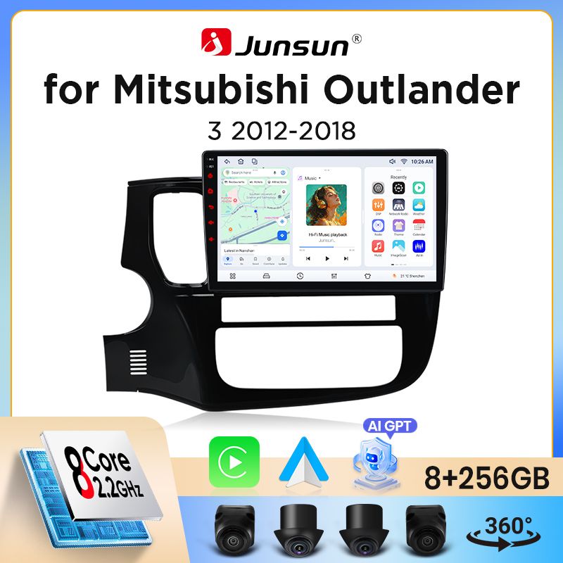 Junsun Mitsubishi Outlander Mk3 (GF/GG) 2012-2021 autoradio met draadloze CarPlay, Android Auto, GPS, WiFi, DSP, RDS, BT, SWC, IPS en koelventilator