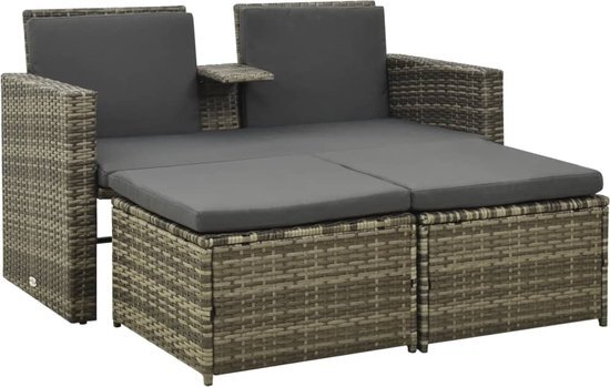 The Living Store Loungeset Tuin - Grijs - PE-rattan - Gepoedercoat staal - Ergonomisch design - Met voetensteunen - Inclusief kussens - 132 x 62 x 77 cm