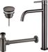 Fortifura Calvi Slim Wastafelkraanset - verhoogde wastafelkraan - klikwaste plug - design sifon - PVD - geborsteld gunmetal (antraciet)