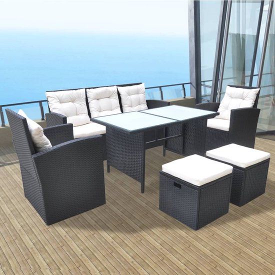 The Living Store 6-delige Tuinset met kussens poly rattan zwart - Tuinset
