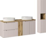 Ensemble de salle de bain 140 cm, couleur cachemire avec chêne, avec 2 lavabos, modèle Beyond