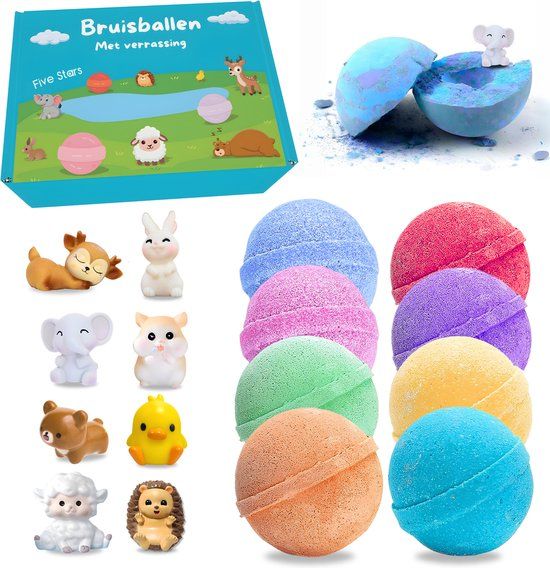 Five Stars® Bruisballen Voor Kinderen - Met Dieren Speelgoed Verrassing - 8 Stuks - Laat Geen Sporen Achter - Natuurlijke Ingrediënten - Voor In Bad - Kind