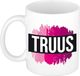 Bellatio Decorations Truus naam cadeau koffie mok - beker - met roze verfstrepen - Cadeau collega - moederdag - verjaardag - juf - coach - 300 ml - wit