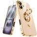 Nonional Compatibel voor iPhone 16 hoesje met 2 schermbeschermers, 360° draaibare ringhouder [luxe hartjespatroon] Plating gouden rand slank zacht telefoonhoesje voor iPhone 16 - roze